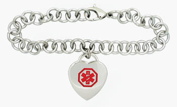 Medical ID - Stainless Steel Heart Link Charm Bracelet