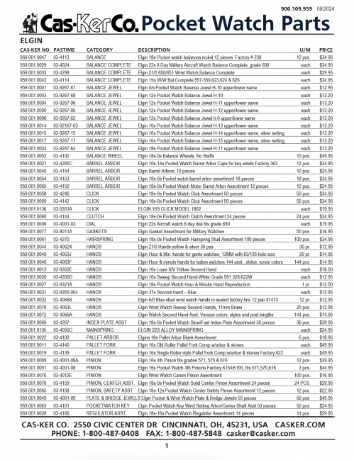 Cas Ker Pocket Watch Parts Catalog